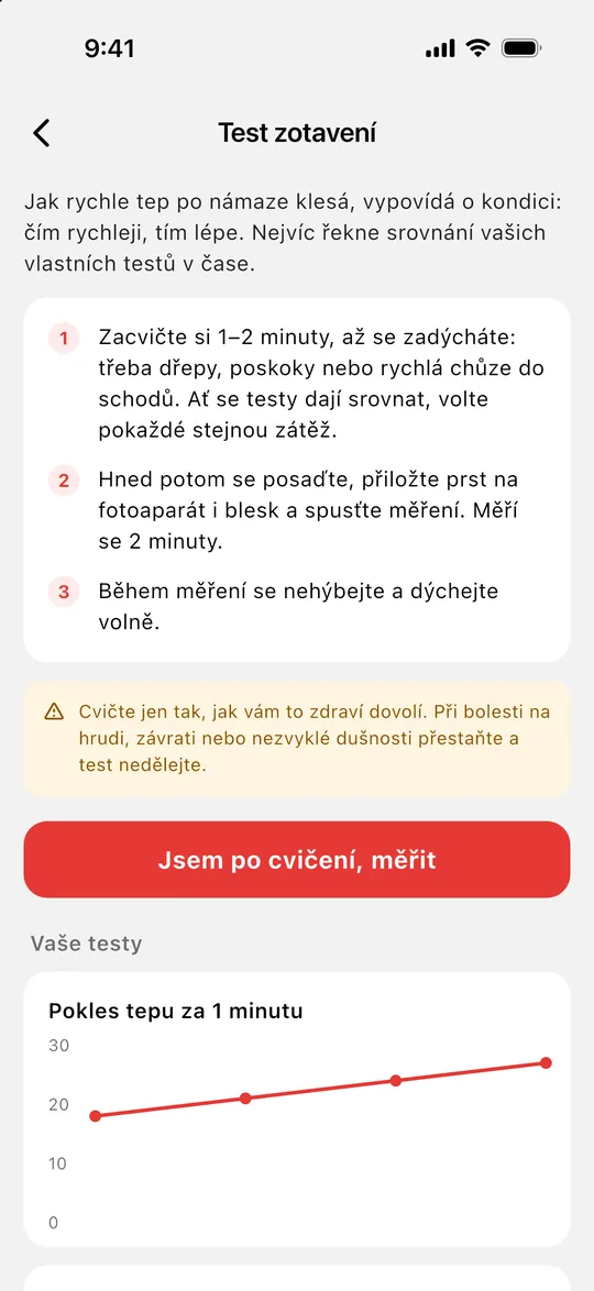 Test zotavení: postup ve třech krocích a graf poklesu tepu za 1 minutu
